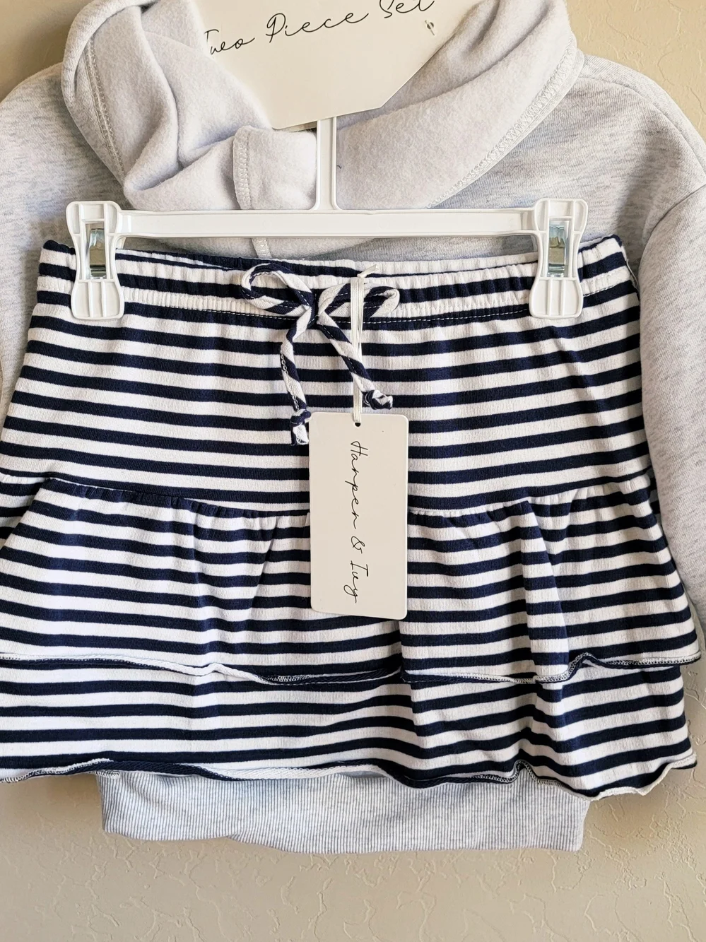 2-Piece Hooded Star Appliqué Sweatshirt and Matching Navy Striped Skiry